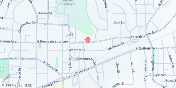 Map showing Decatur Emergency Assistance (DEAM) Main Office at 515 East Ponce de Leon Avenue, Sycamore Ridge, GA