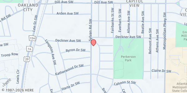 Map showing Rice Memorial Presbyterian Church at 1515 Brewer Boulevard Southwest, Sylvan Hills, GA