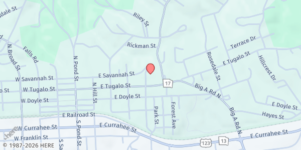 Map showing First Baptist Church Toccoa at 475 East Tugalo Street, Toccoa, GA