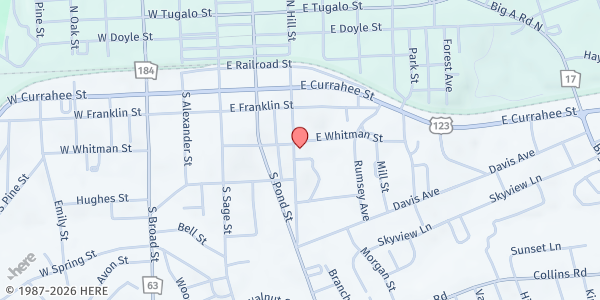 Map showing Hill Street Baptist Church at 151 S. Hill St., Toccoa, GA