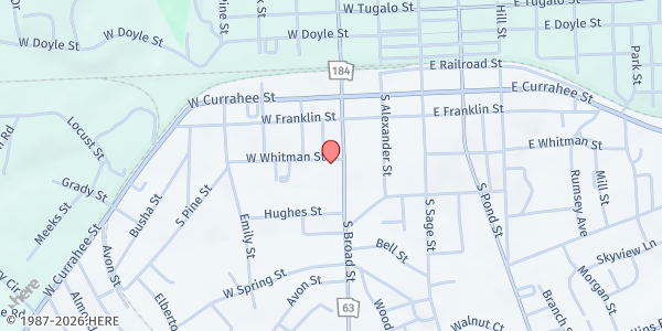 Map showing The Hope Center (Toccoa Soup Kitchen) at 158 S. Broad St, Toccoa, GA