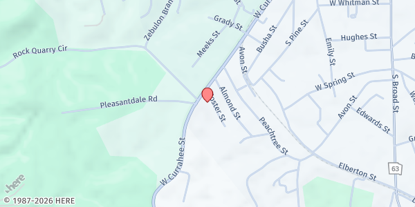 Map showing Zebulon Baptist Church at 1083 W. Currahee St., Toccoa, GA