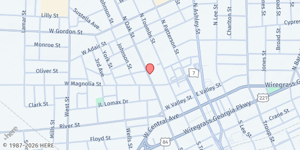 Map showing First Antioch Missionary Baptist Church at 517 N. Oak St., Valdosta, GA