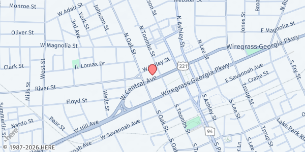 Map showing First Baptist Church of Valdosta at 200 West Central Avenue, Valdosta, GA