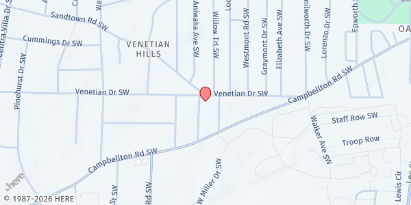 Map showing St. Peter Missionary Baptist Church at 1558 Venetian Drive Southwest, Venetian Hills, GA