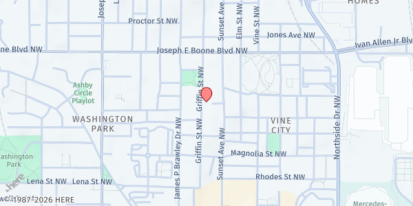 Map showing Hollis Innovation Academy at 225 James P Brawley Drive Northwest, Vine City, GA