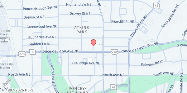 Map showing Druid Hills Presbyterian Church at 1026 Ponce De Leon Avenue Northeast, Virginia-Highland, GA