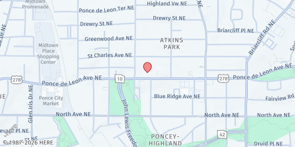Map showing Upton Underground Railroad Welcome Table at 910 Ponce De Leon Avenue Northeast, Virginia-Highland, GA
