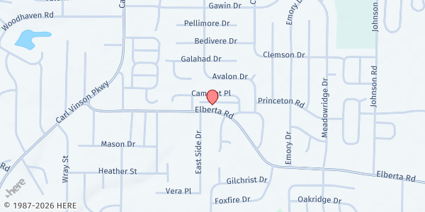 Map showing Harvest Builders Worship Center at 2007 Elberta Rd., Warner Robins, GA