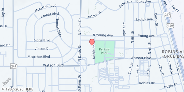 Map showing MGCAA Warner Robins Senior Center at 155 Maple St., Warner Robins, GA