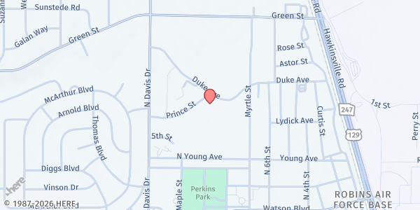 Map showing Middle Georgia Community Action Council (MGCAA) - Warner Robins at 121 Prince St., Warner Robins, GA