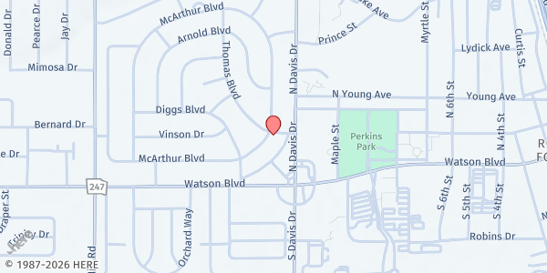 Map showing The Salvation Army - Warner Robins at 96 Thomas Blvd., Warner Robins, GA
