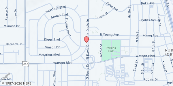 Map showing Warner Robins First UMC at 205 N. Davis Dr., Warner Robins, GA