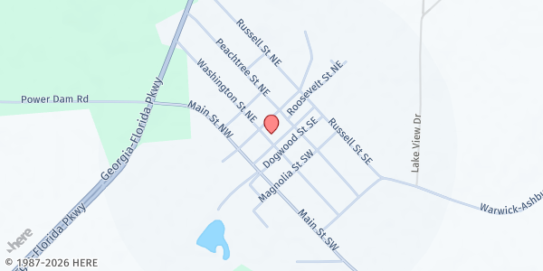 Map showing Warwick United Methodist Church at 124 West Railroad Street, Warwick, GA