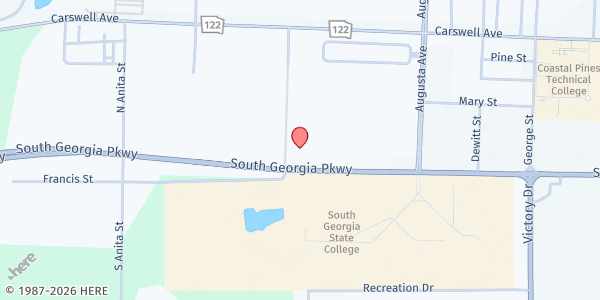 Map showing University Blvd Church of God at 128 University Boulevard, Waycross, GA