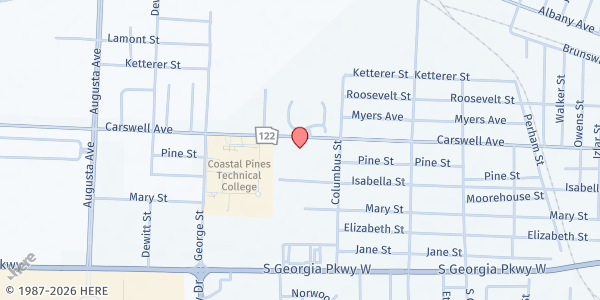 Map showing Ware County Senior Citizens Center at 1615 Carswell Ave., Waycross, GA