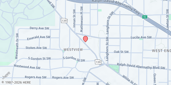 Map showing Calvary United Methodist Church Food Cabinet at 1471 Ralph David Abernathy Boulevard Southwest, Westview, GA