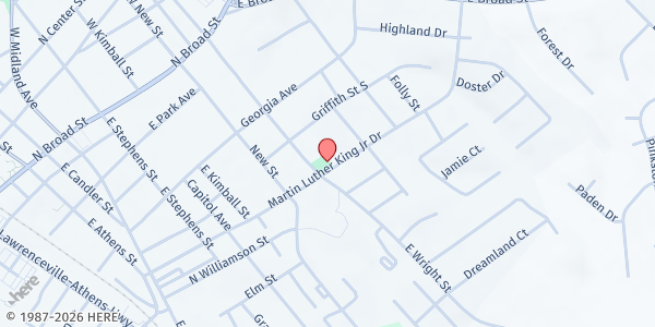 Map showing Winder Church of God of Prophecy at 100 E. Wright St., Winder, GA