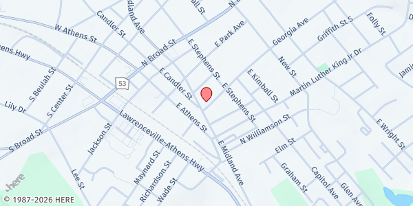 Map showing Winder Wesleyan Church at 64 E. Midland Ave., Winder, GA