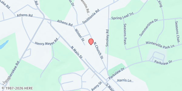 Map showing Winterville First Baptist Church at 305 N. Church St., Winterville, GA