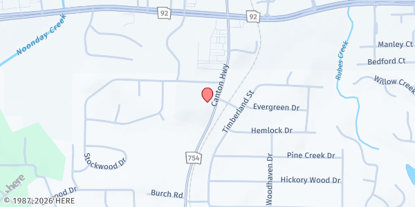 Map showing Forever Fed - The Factory Church at 9872 Main St., Woodstock, GA
