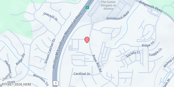 Map showing Never Alone Community Food Pantry - Main Location at 291 Rope Mill Rd., Woodstock, GA