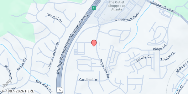 Map showing Never Alone Food Pantry at 291 Rope Mill Rd., Woodstock, GA