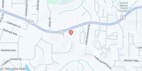 Map showing Real Life Christian Church at 7700 Georgia 92, Woodstock, GA