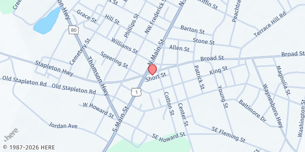 Map showing Holding Forth the Word of Life Ministries at 112 Broad St., Wrens, GA