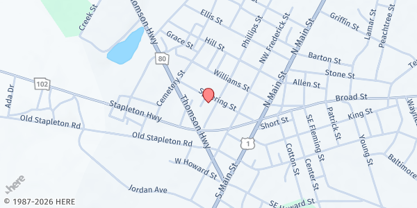 Map showing Wrens Church of God at 102 Phillips St., Wrens, GA