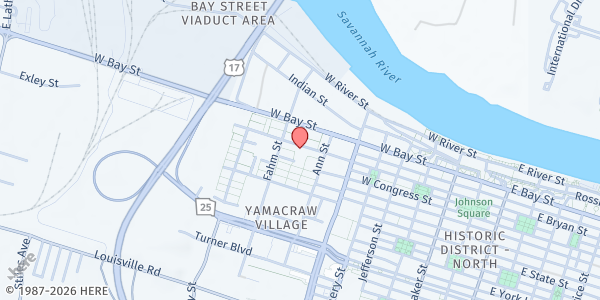 Map showing First Bryan Baptist Church at 575 West Bryan Street, Yamacraw Village, GA