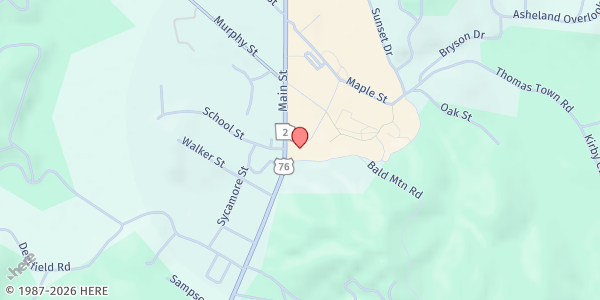 Map showing Young Harris College - Campus Cupboard at 1114 Main Street, Young Harris, GA