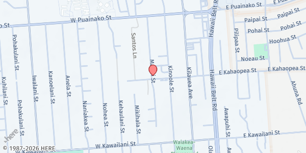 Map showing Living Waters Church at 89 Maikai St, Hilo, HI