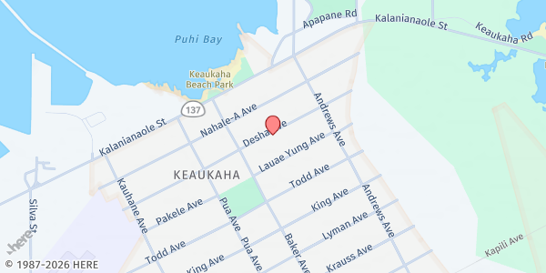 Map showing Malia Puka O Kalani Church at 326 Desha Ave, Hilo, HI