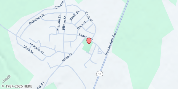 Map showing O Ka'u Kakou Pantry - Ka'u District Gym Food Distribution Center at 96-1149 Kamani St, Pahala, HI