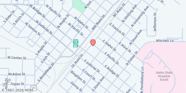 Map showing Bingham County Blackfoot Seniors - Food Distribution Center at 20 E Pacific St, Blackfoot, ID