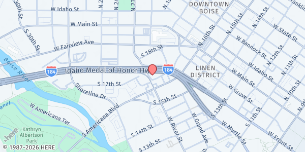 Map showing Interfaith Sanctuary Housing Services Inc at 1620 W River St, Boise, ID