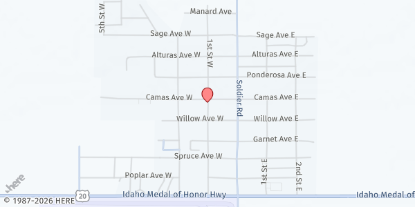 Map showing Camas County Mobile Pantry - Fairfield at 519 1st St. W, Fairfield, ID