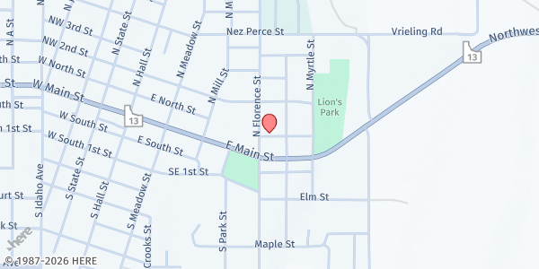 Map showing Camas Prairie Food Bank at 411 E North St, Grangeville, ID