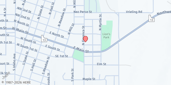 Map showing Camas Prairie Food Bank at 411 E North St, Grangeville, ID