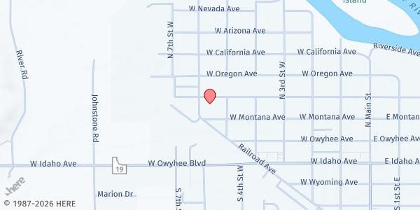 Map showing First Presbyterian Church at 320 N 6th Street W, Homedale, ID