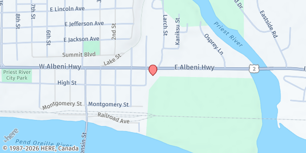 Map showing Priest River Food Bank at 45 S. McKinley, Priest River, ID