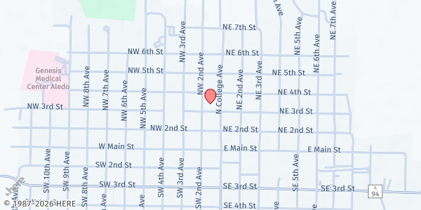 Map showing Mercer County Better Together - Aledo UMC at 301 N. College Ave., Aledo, IL
