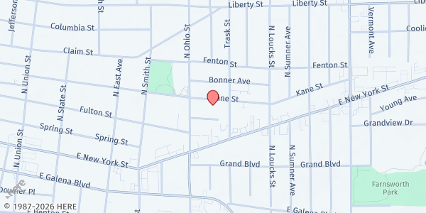Map showing New Covenant Gospel Church at 1029 Kane Street, Aurora, IL