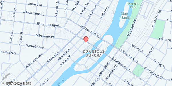 Map showing Waubonsee Community College at 18 S River St, Aurora, IL