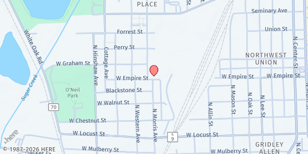 Map showing Ministry & More Inc. at 1107 W. Empire St., Bloomington, IL