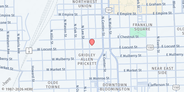 Map showing St. Vincent Food Pantry-Bloomington at 705 N Roosevelt, Bloomington, IL