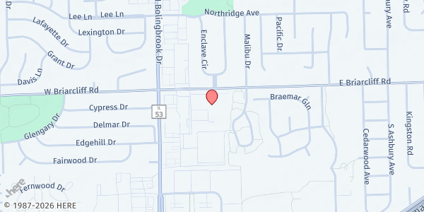 Map showing Loaves and Fishes Community Services Compass Church at 151 E Briarcliff Rd, Bolingbrook, IL