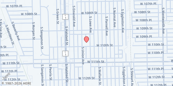 Map showing Allen Metropolitan CME Church at 10946 S Lowe Ave, Chicago, IL