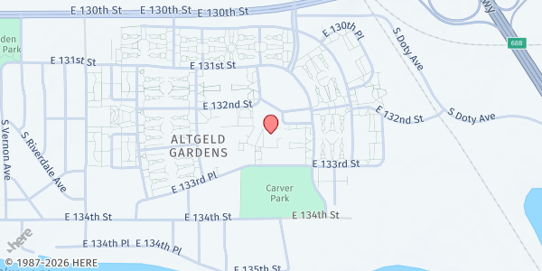 Map showing Altgeld-Murray Homes Local Advisory Council at 951 E 132nd Place, Chicago, IL